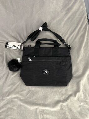 Kipling Black Convertible Crossbody Tote with Pom Charm